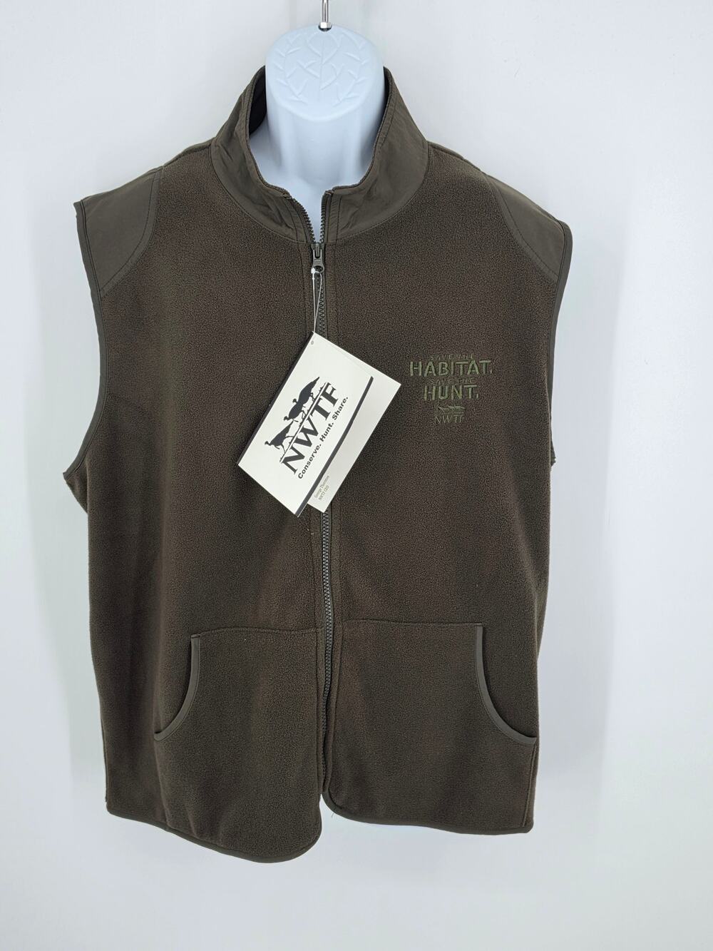 NWT NWTF Mens Size L Brown Fleece Vest Turkey Hunting Save The Habitat Gilet
